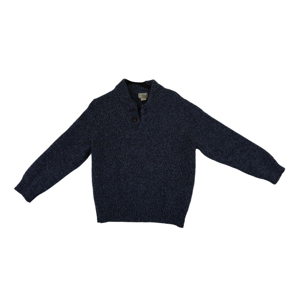 L.L. Bean Vintage Henley Sweater Mens Size Large Navy Blue Marled 100% Lambswool